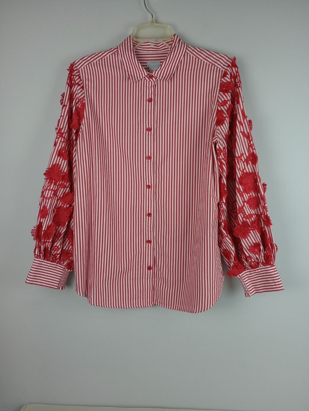 Chicos Womens 8 Red‎ White Striped Long Embroidered Cuff Sleeve Button Up Shirt